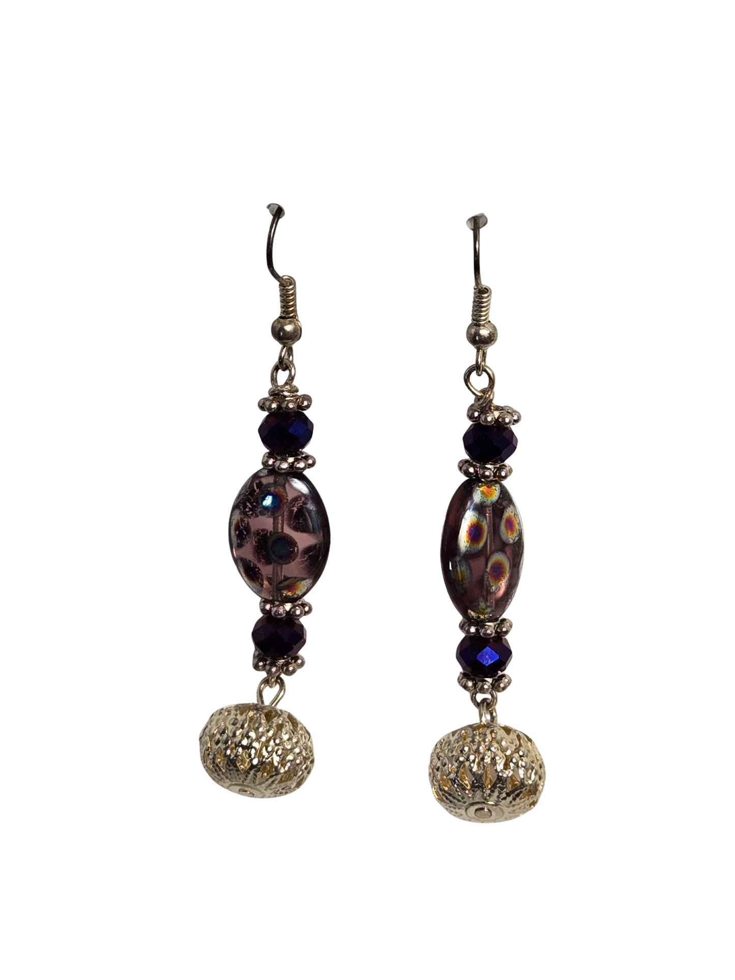 Filigree & Purple Polka Dot Dangle Earrings