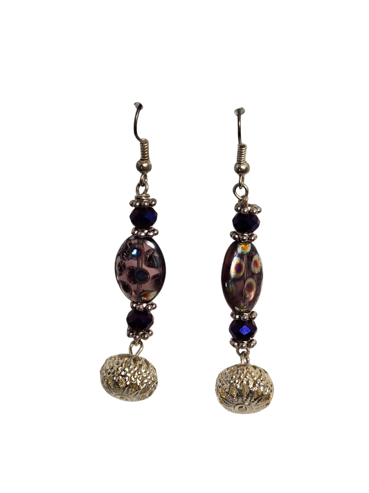 Filigree & Purple Polka Dot Dangle Earrings