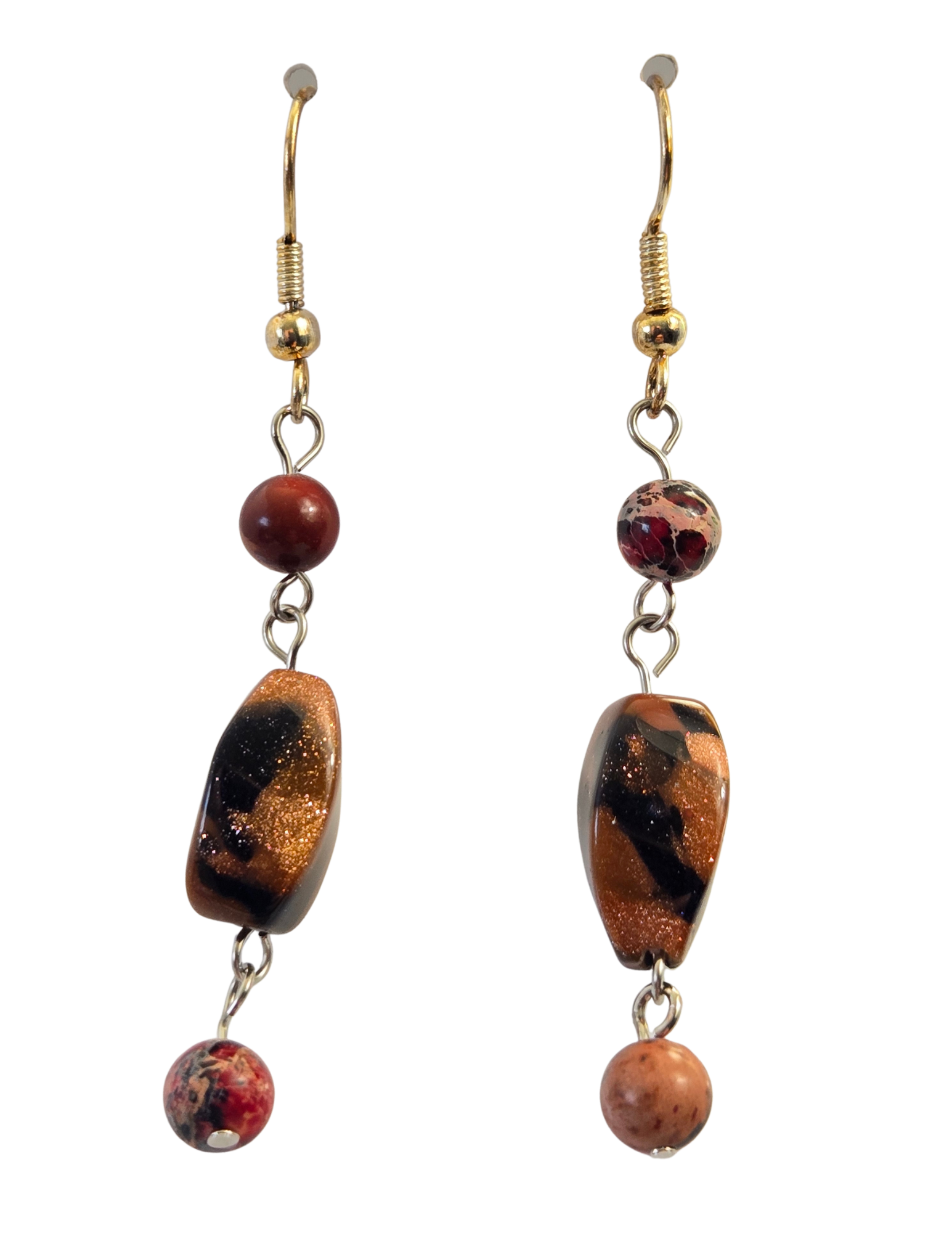 Pendientes colgantes de oro, jaspe y cuentas negras – Gotas artesanales de piedras preciosas terrosas