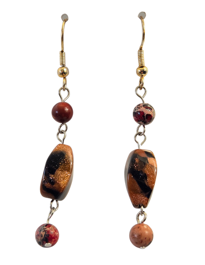 Goldstone, Jasper & Black Bead Dangle Earrings – Earthy Gemstone Handcrafted Drops