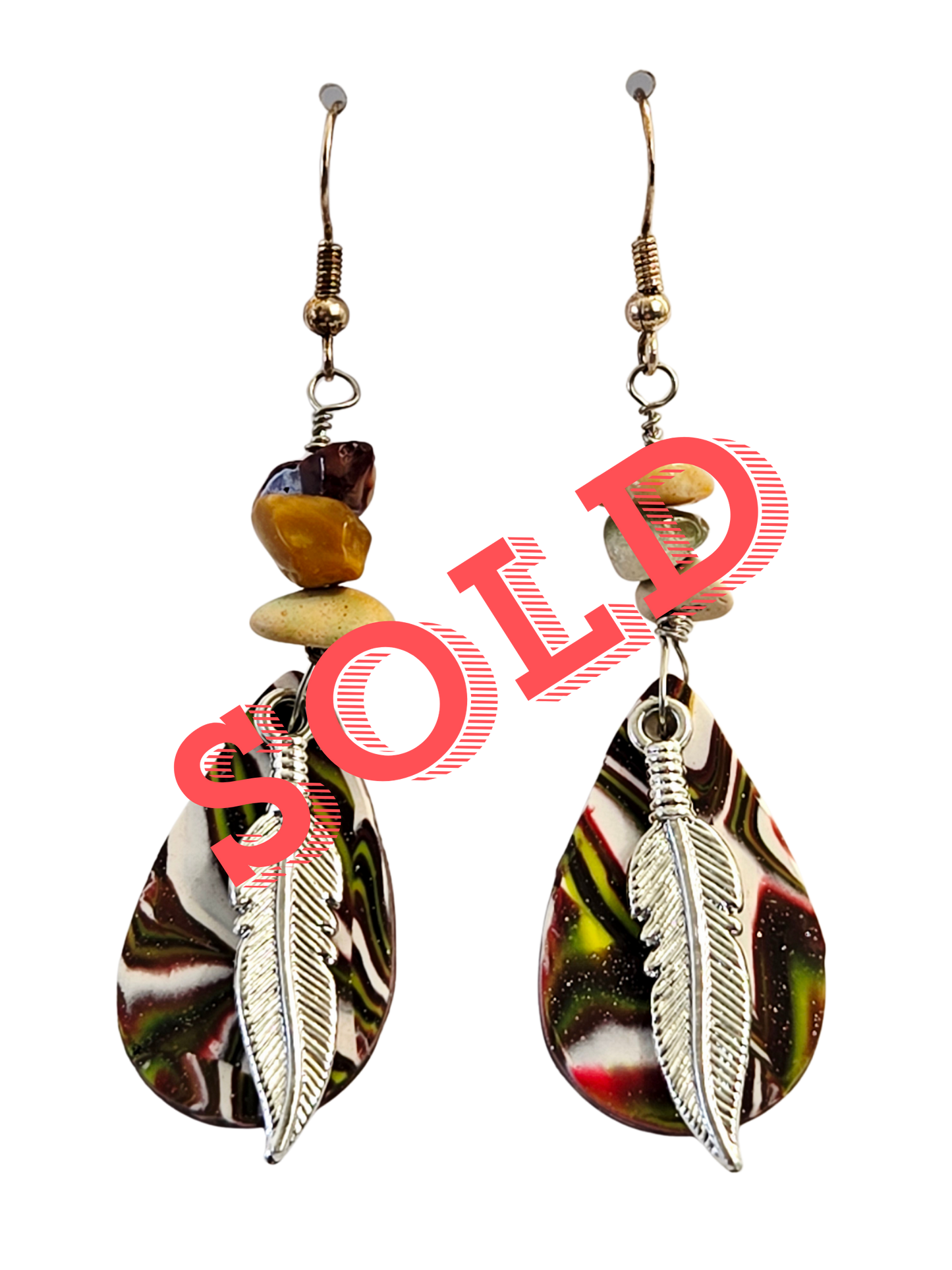 Polymer Clay & Silver Feather Earrings with Mookie Gemstones