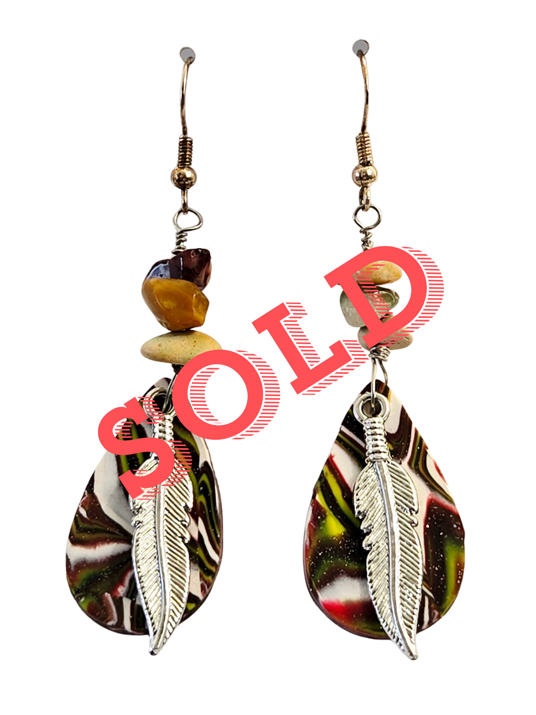 Pendientes de pluma de arcilla polimérica y plata con gemas Mookie