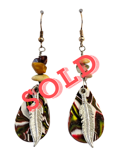 Polymer Clay & Silver Feather Earrings with Mookie Gemstones