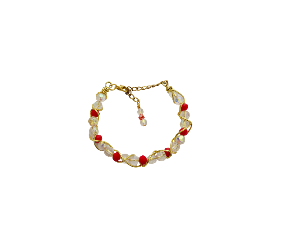 Gold Wire-Wrapped Crystal & Red Bead Bracelet | Handmade Adjustable Jewelry