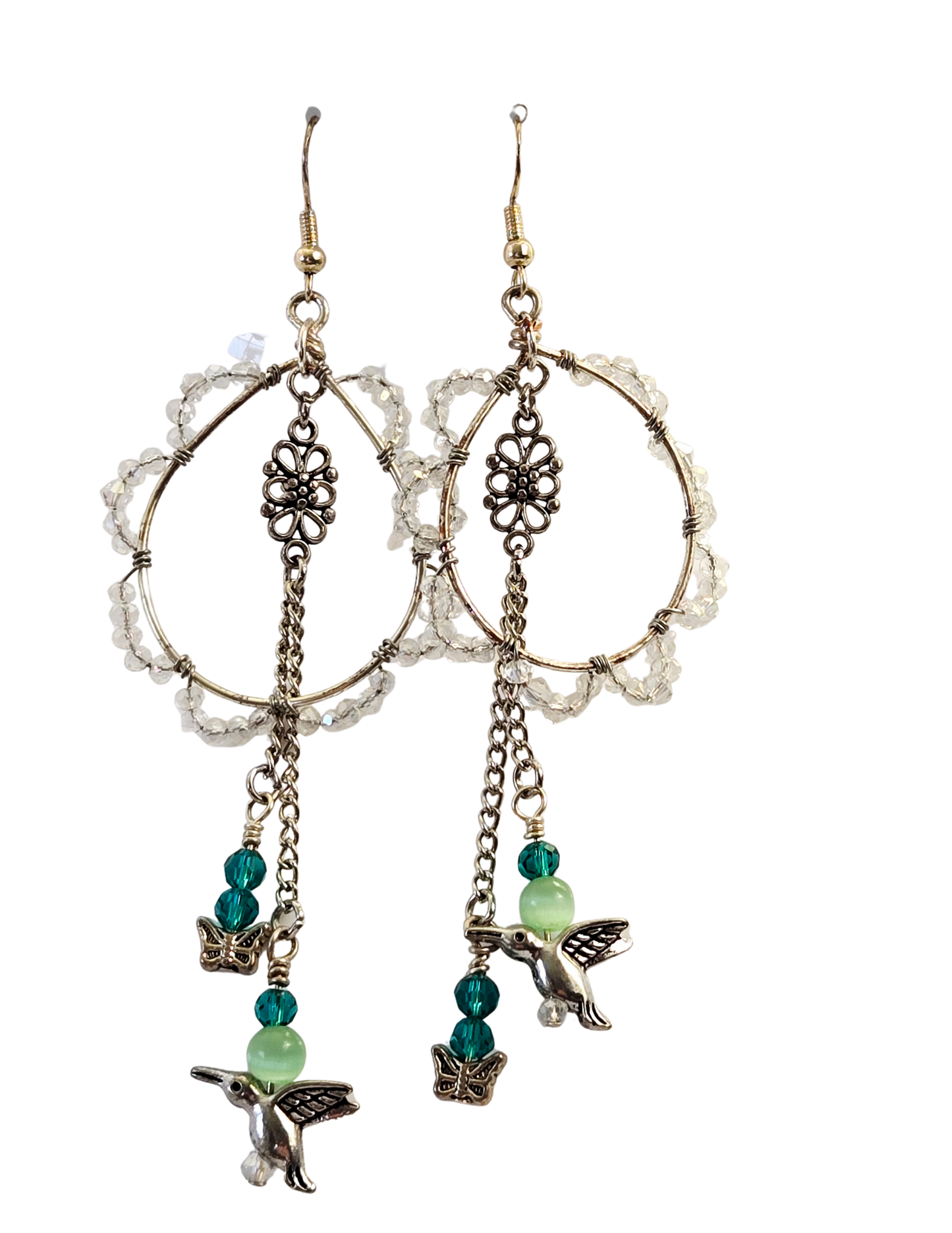 Pendientes de lágrima de cristal de colibrí y mariposa