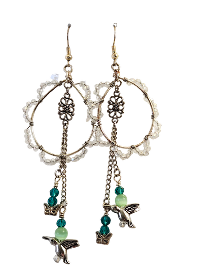 Pendientes de lágrima de cristal de colibrí y mariposa