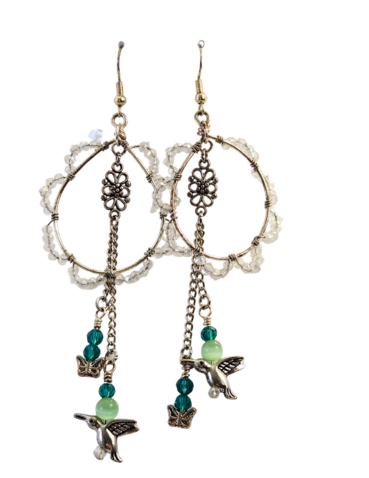 Pendientes de lágrima de cristal de colibrí y mariposa