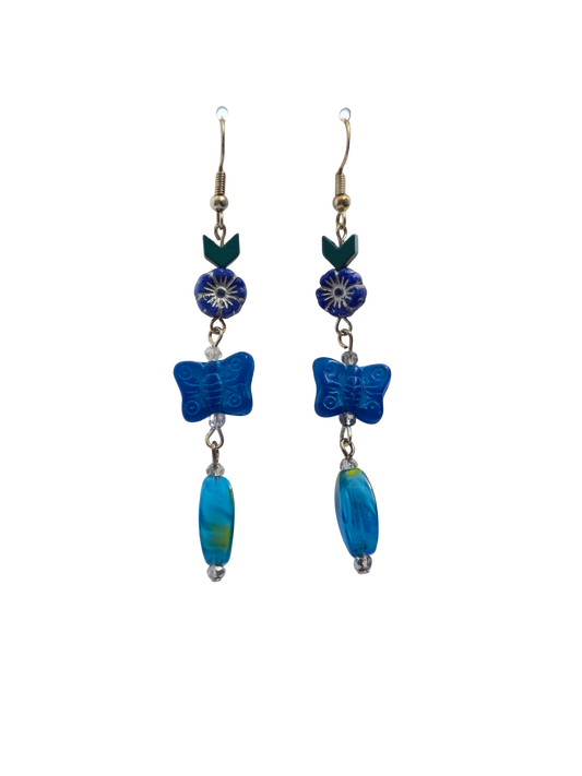 Blue Butterfly & Flower Dangle Earrings