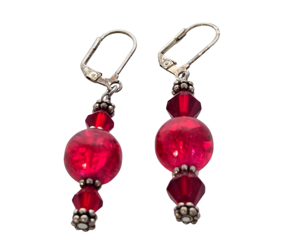 Red Crackle & Bicone Dangle Earrings