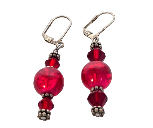 Red Crackle & Bicone Dangle Earrings