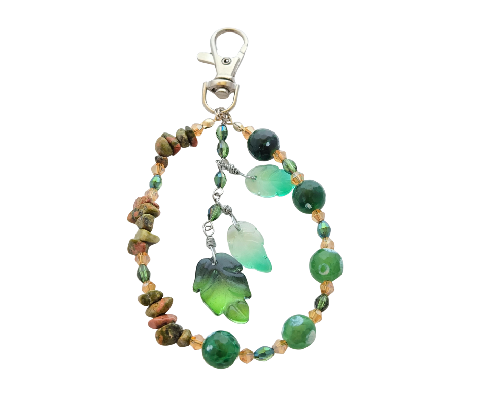 Boho Purse Charm – Unakite & Green Glass Beaded Accessory