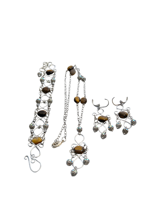 Tiger Eye & Glass Bead Wire-Wrapped Jewelry Set