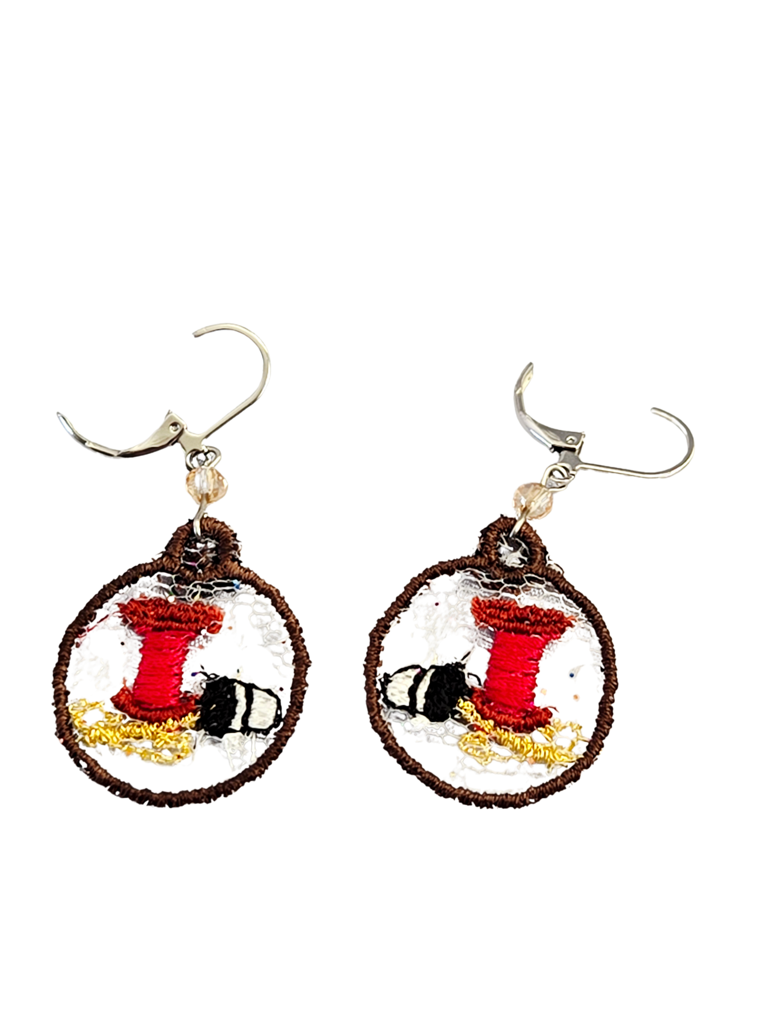Sewing-Themed Machine Embroidered Lace Earrings – Amber Bead Handcrafted Gift for Seamstresses