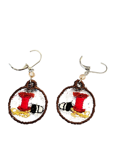 Sewing-Themed Machine Embroidered Lace Earrings – Amber Bead Handcrafted Gift for Seamstresses