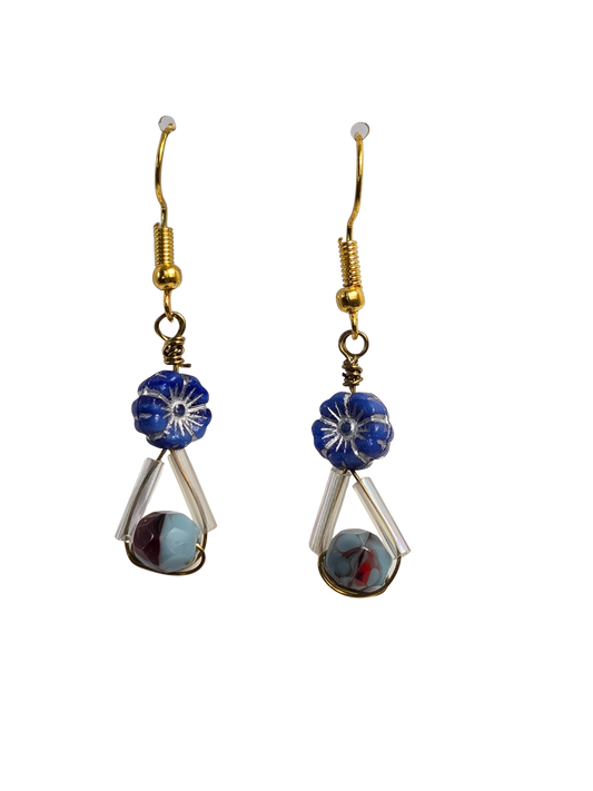 Blue Flower & Swirl Glass Bead Dangle Earrings