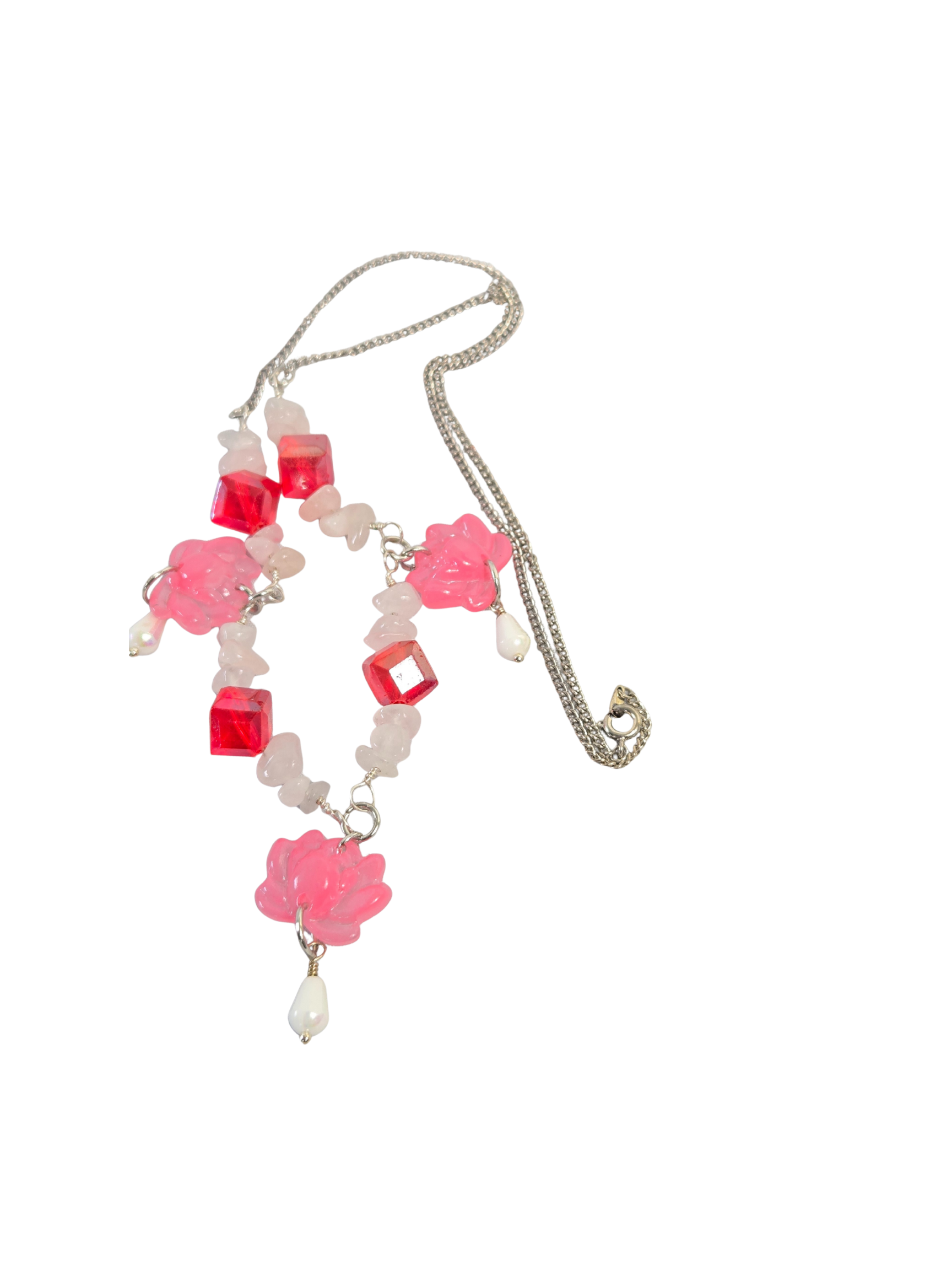 White Quartz & Pink Lotus Flower Necklace – 23" Silver Chain Handmade