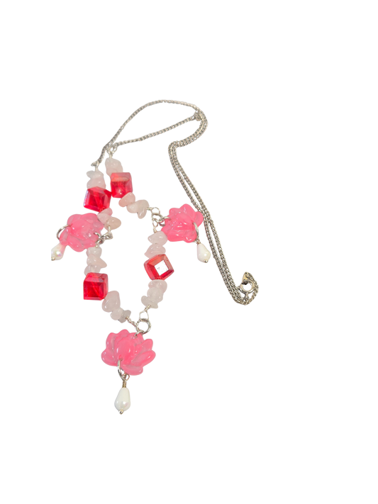 White Quartz & Pink Lotus Flower Necklace – 23" Silver Chain Handmade