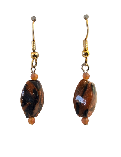 Pendientes colgantes de cuentas rectangulares de Goldstone y Black Swirl – Gotas terrosas hechas a mano