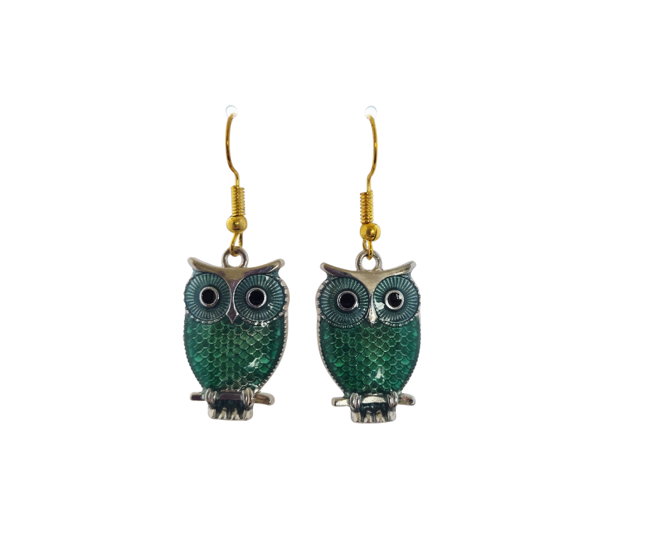 Green Enameled Owl Earrings
