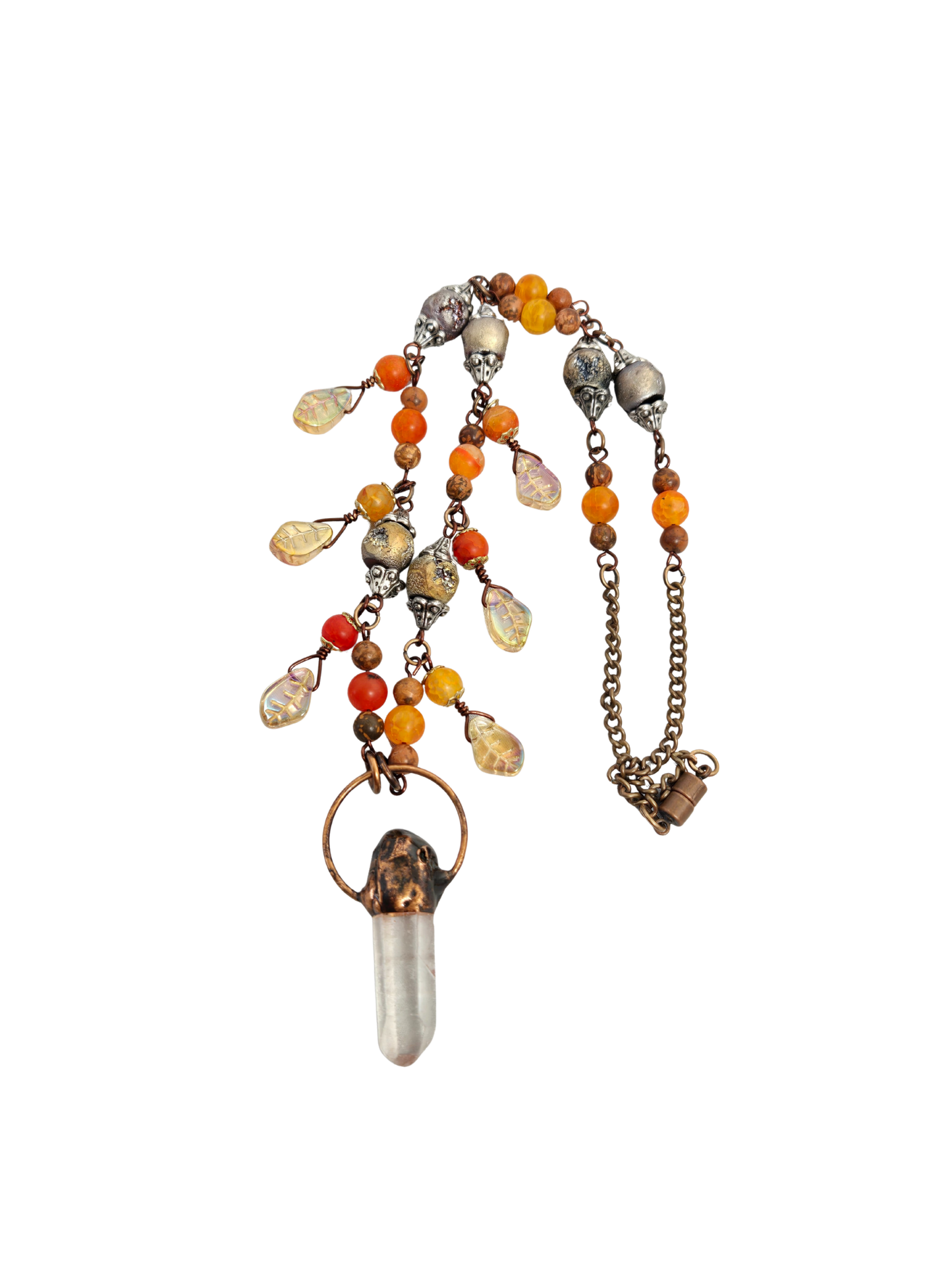 Collar de geoda de jaspe rojo y cristal craquelado naranja – Focal de cristal de 23" hecho a mano