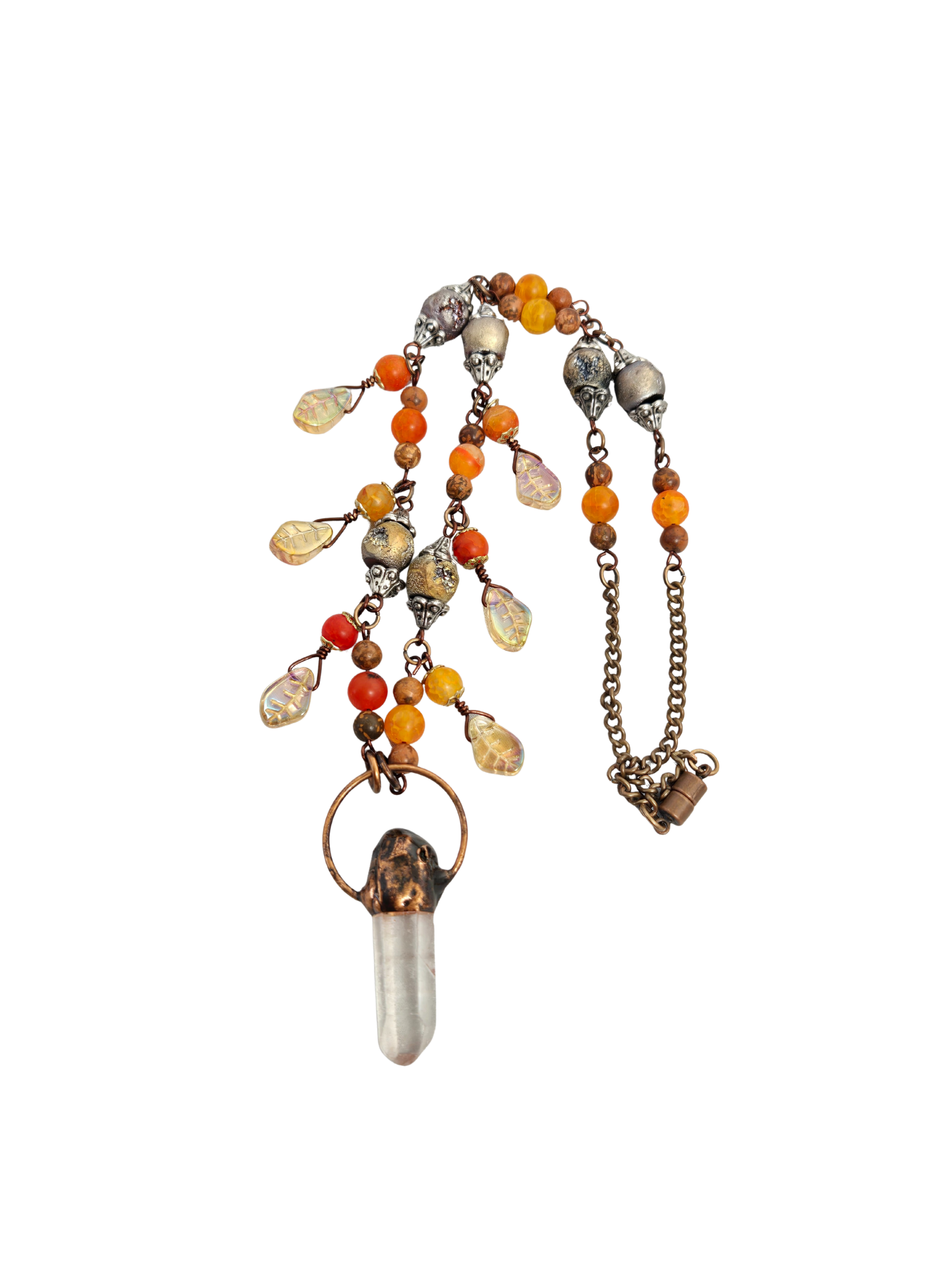 Red Jasper & Orange Crackle Glass Geode Necklace – 23" Crystal Focal Handmade