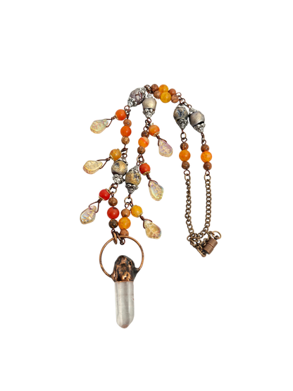 Collar de geoda de jaspe rojo y cristal craquelado naranja – Focal de cristal de 23" hecho a mano