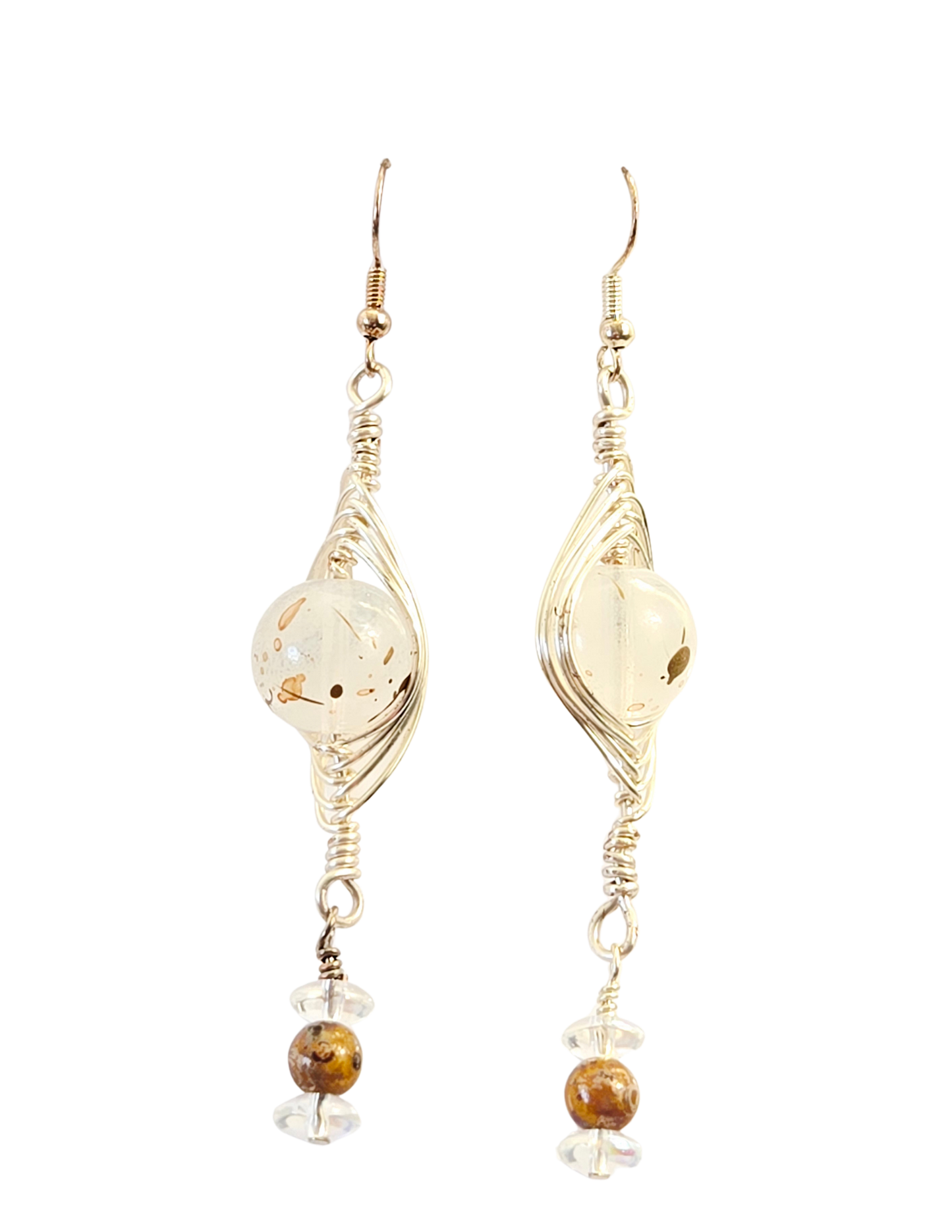 Herringbone Wrapped Milky White & Gold Splatter Dangle Earrings