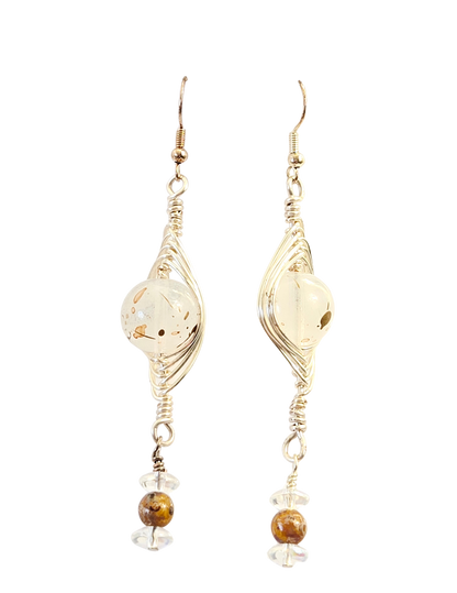 Herringbone Wrapped Milky White & Gold Splatter Dangle Earrings