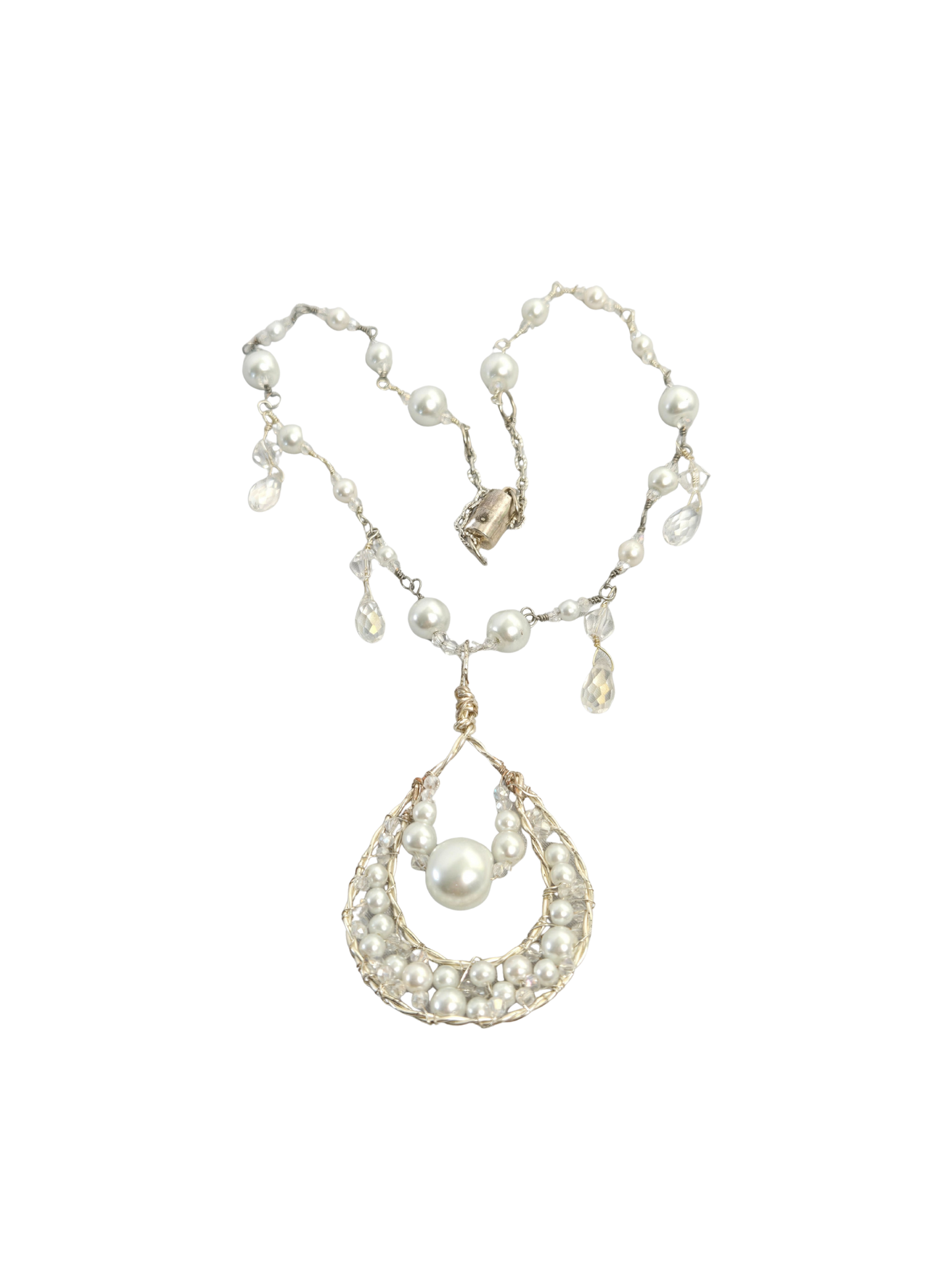 Collar de lágrima de cristal AB y perla blanca – Hecho a mano con alambre de 16"