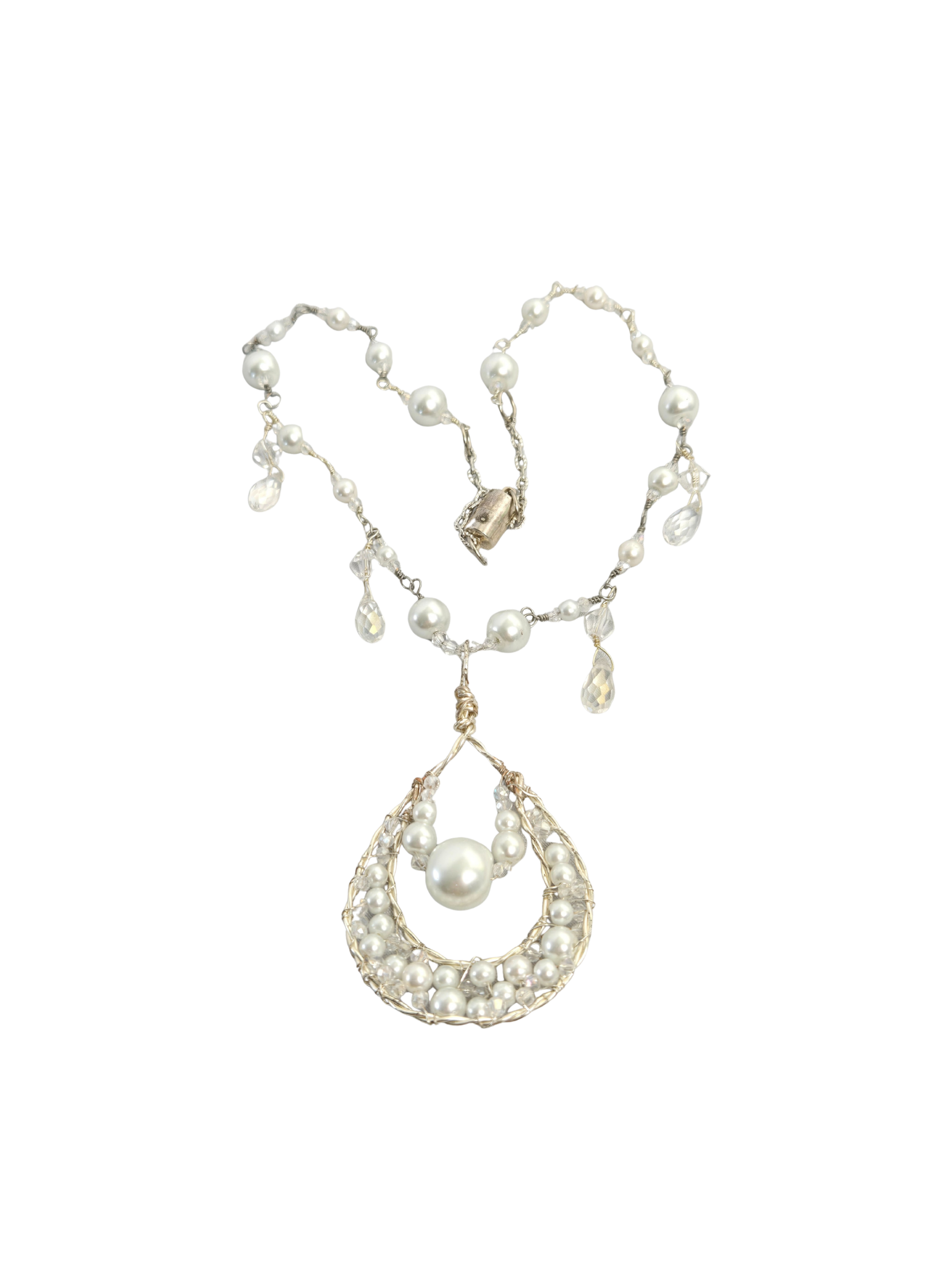 White Pearl & AB Crystal Glass Teardrop Necklace – 16" Wire-Wrapped Handmade