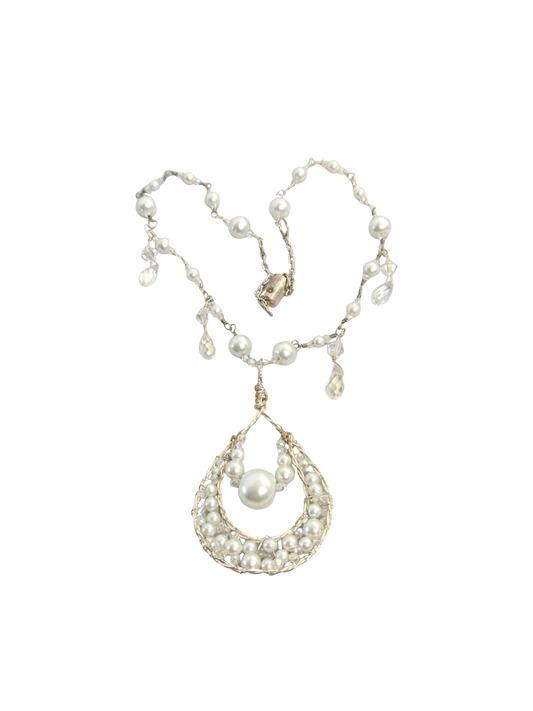 White Pearl & AB Crystal Glass Teardrop Necklace – 16" Wire-Wrapped Handmade