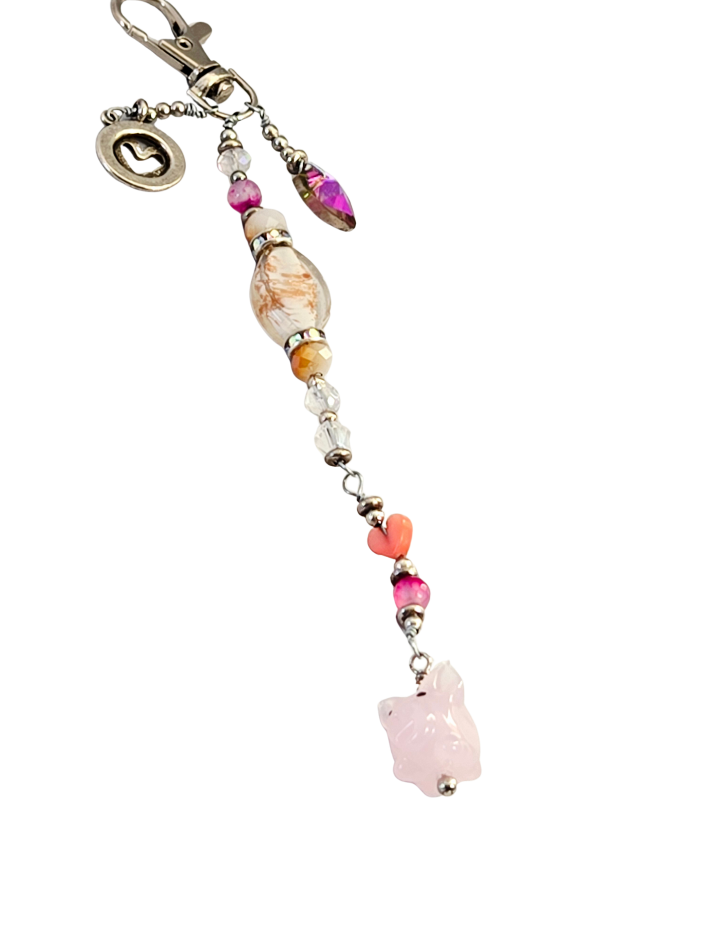 Pink Pig Purse Charm – Glass Pig, Heart & Bead Bag Dangle
