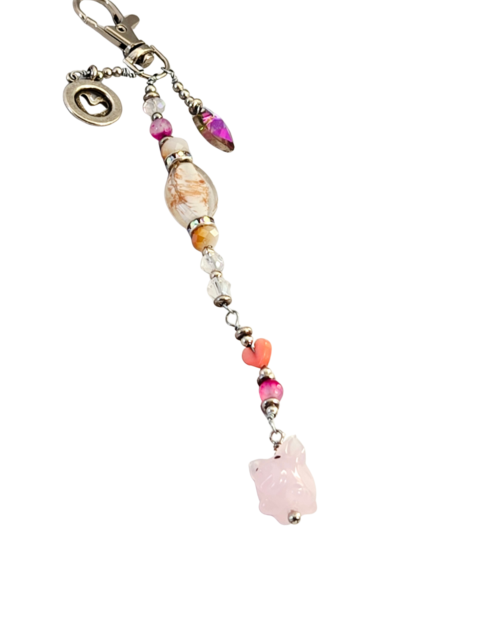 Pink Pig Purse Charm – Glass Pig, Heart & Bead Bag Dangle