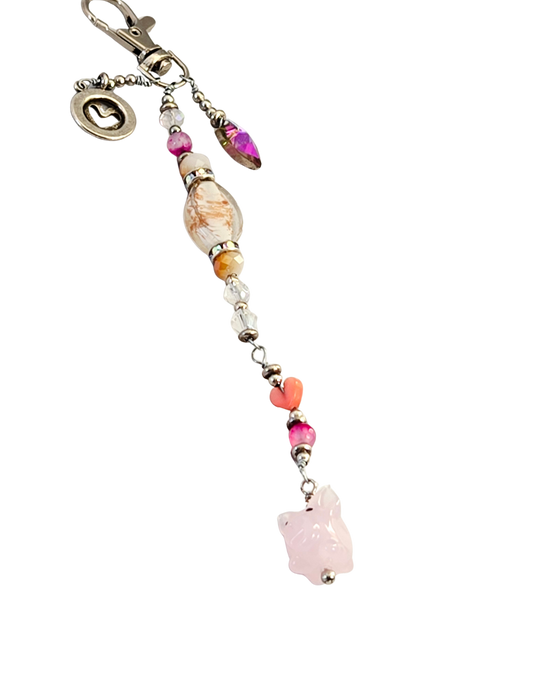 Pink Pig Purse Charm – Glass Pig, Heart & Bead Bag Dangle