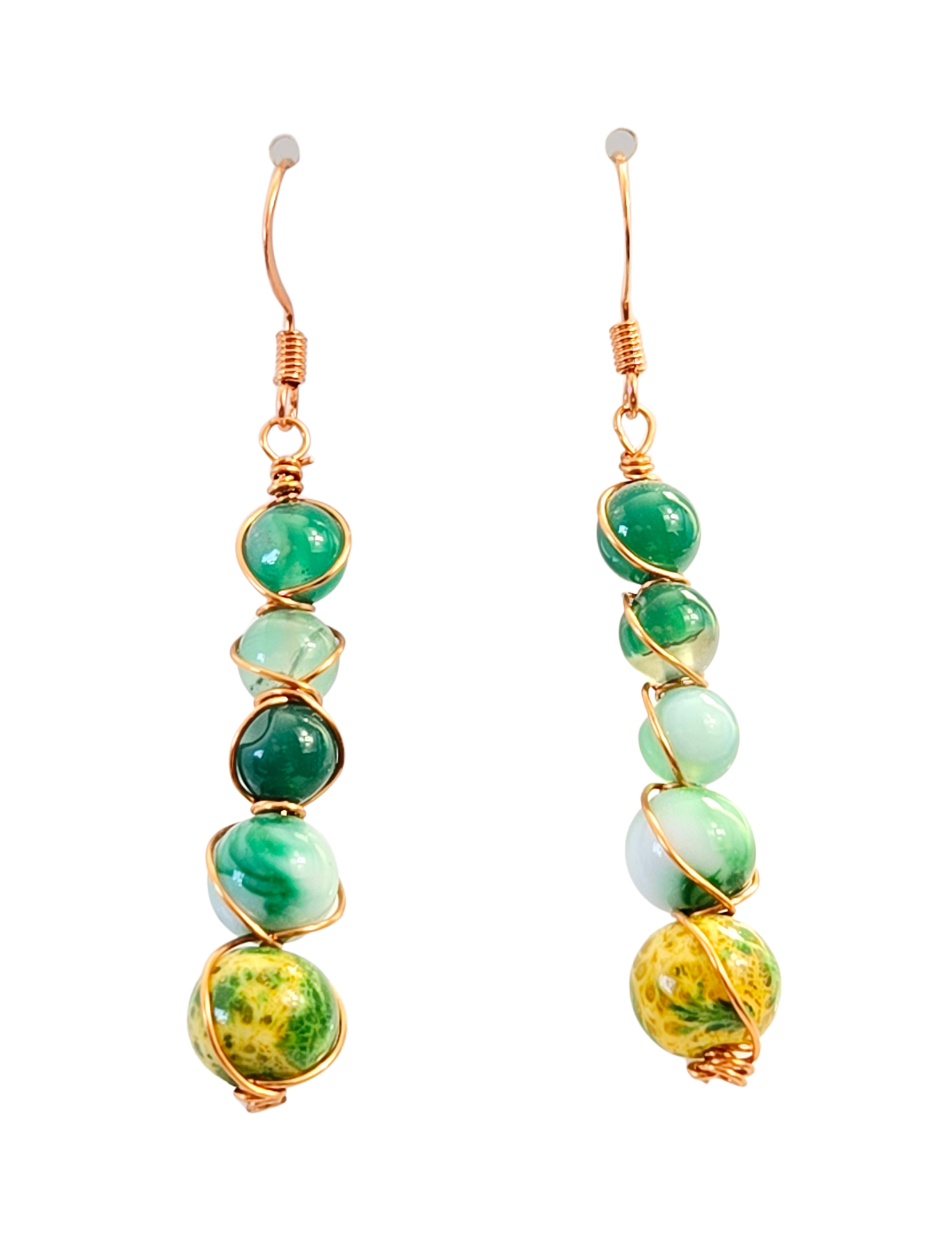 Copper Wire Wrapped Green Bead Dangle Earrings – Boho Handcrafted Drop Earrings