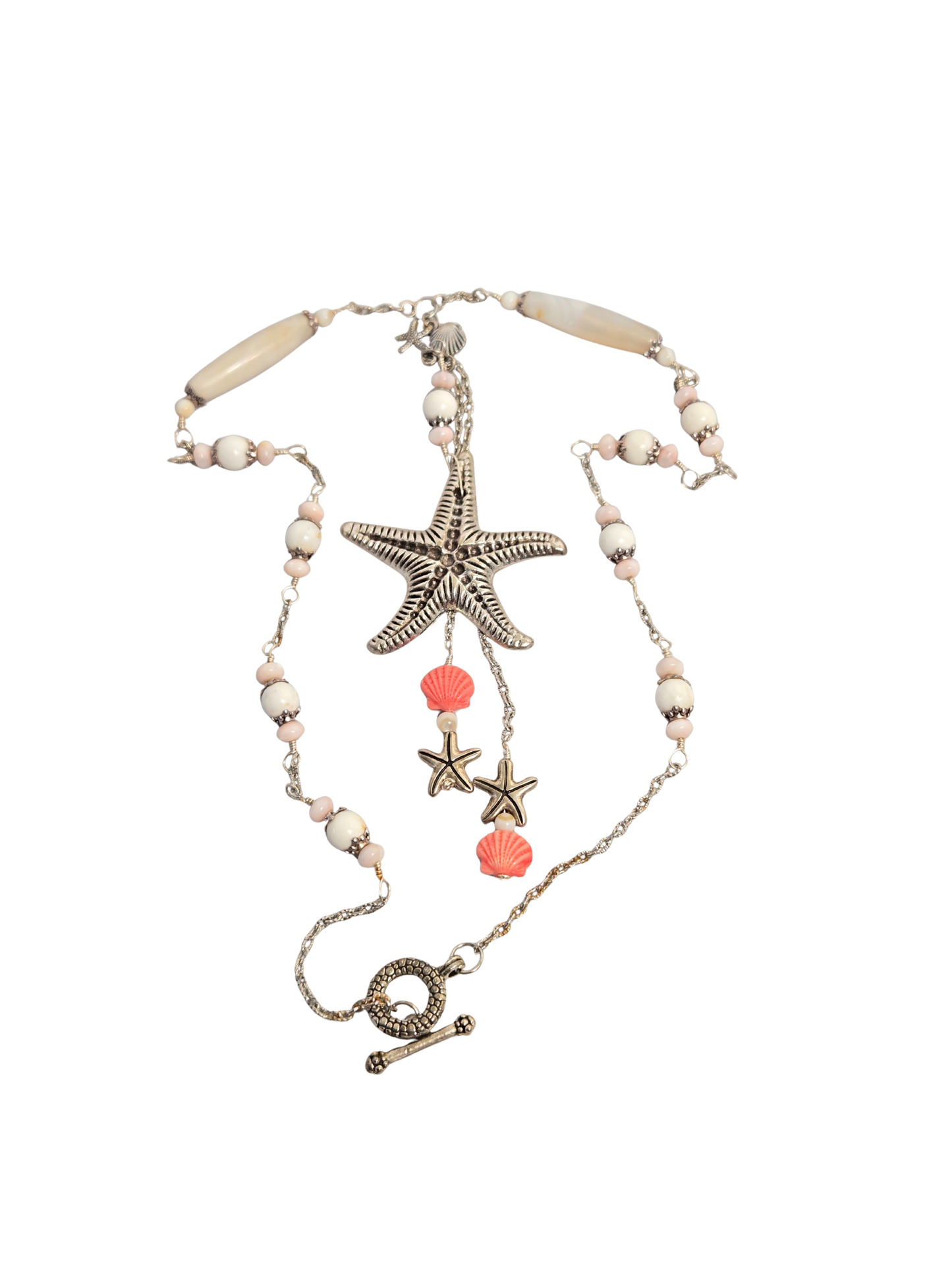 Ocean-Inspired Starfish & Pink Shell Necklace – 24" White Agate Handmade