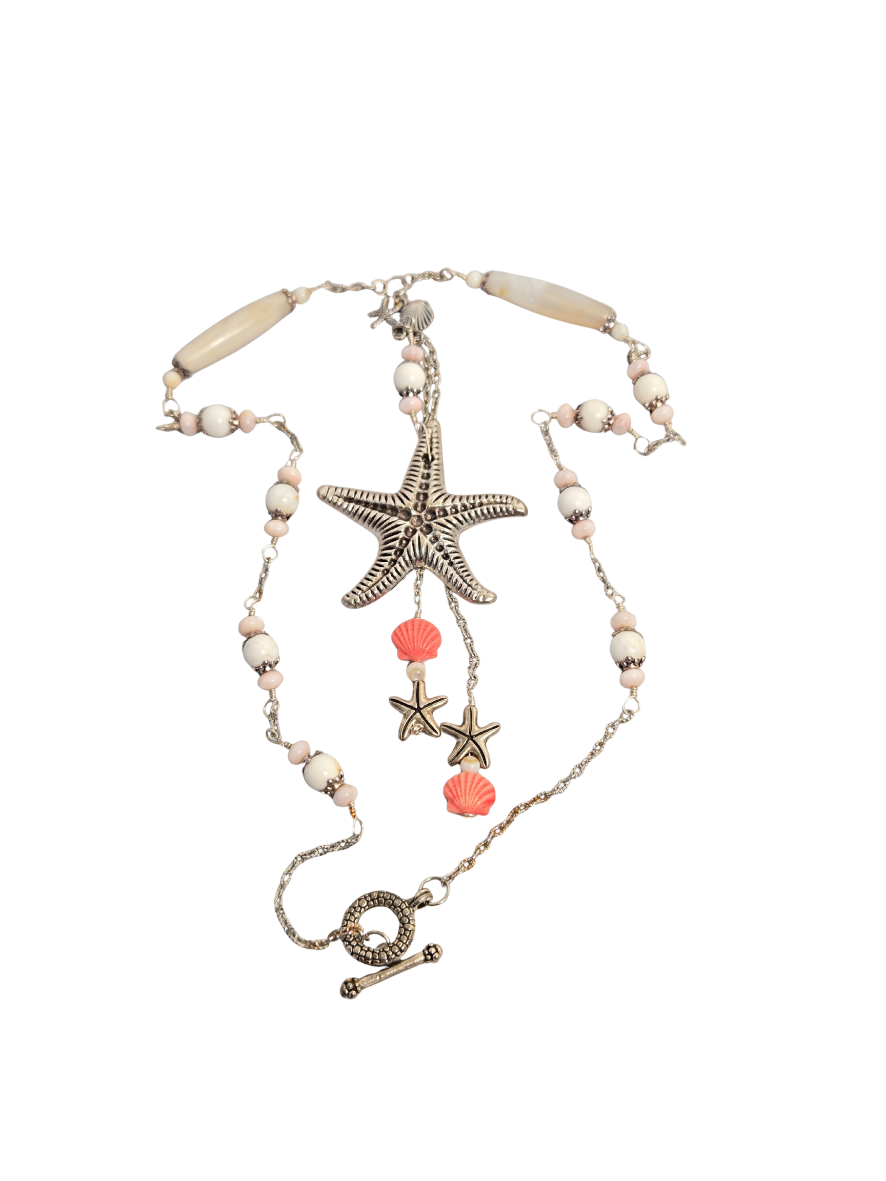 Collar de estrella de mar y concha rosa inspirado en el océano – Ágata blanca hecha a mano de 24 pulgadas