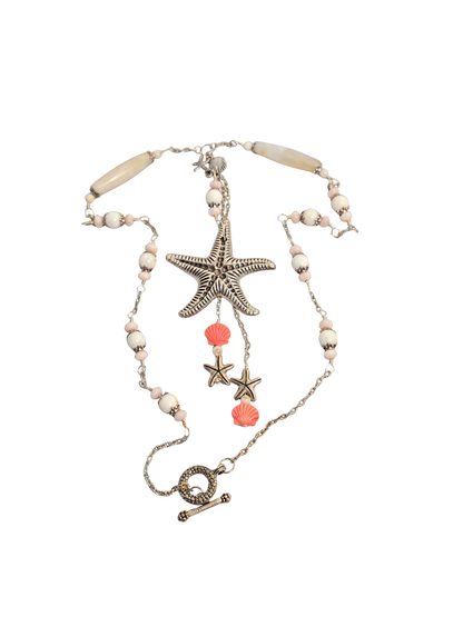 Ocean-Inspired Starfish & Pink Shell Necklace – 24" White Agate Handmade