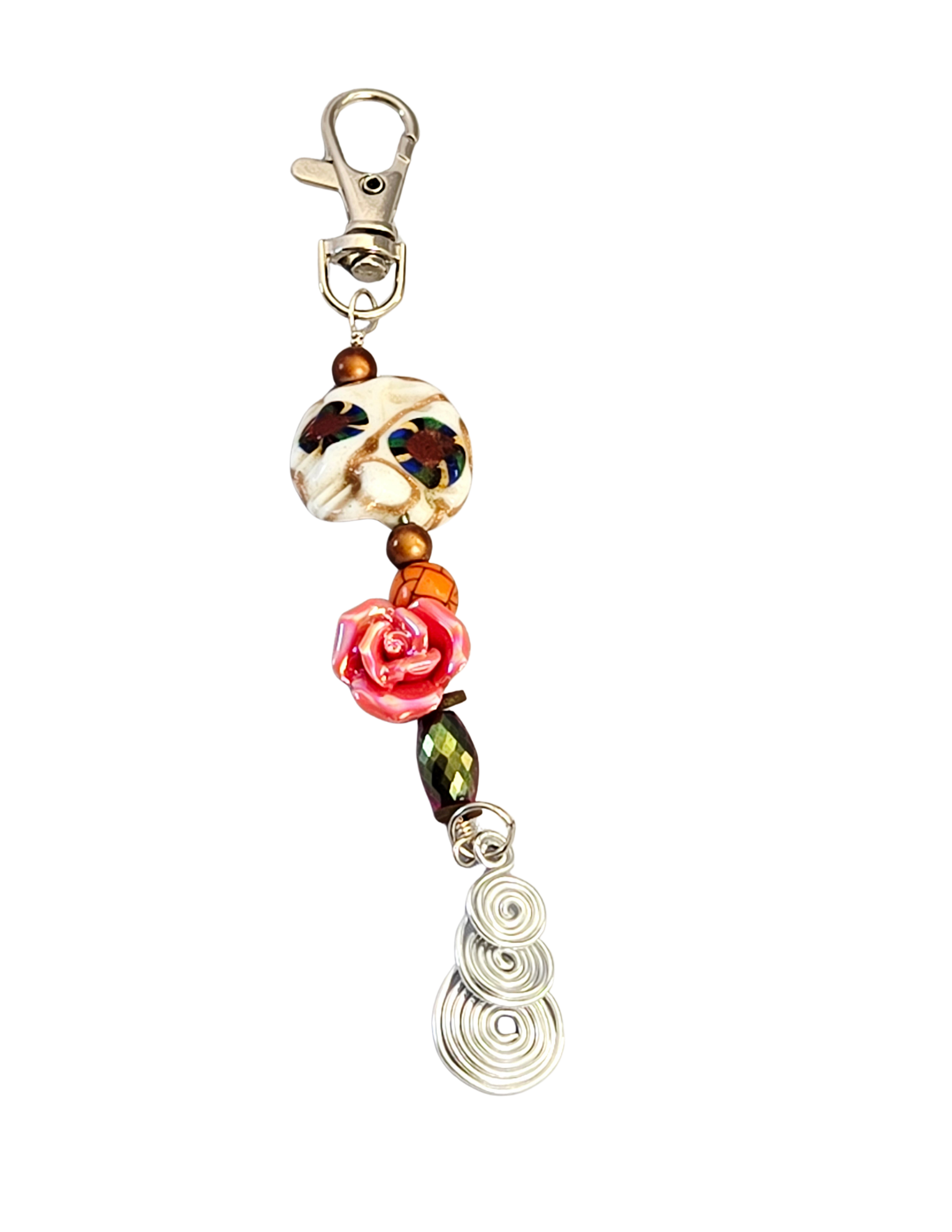 Pink Rose Purse Charm – Large Bead & Triple Wire Wrap Spiral