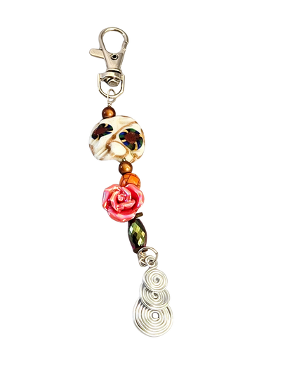 Pink Rose Purse Charm – Large Bead & Triple Wire Wrap Spiral