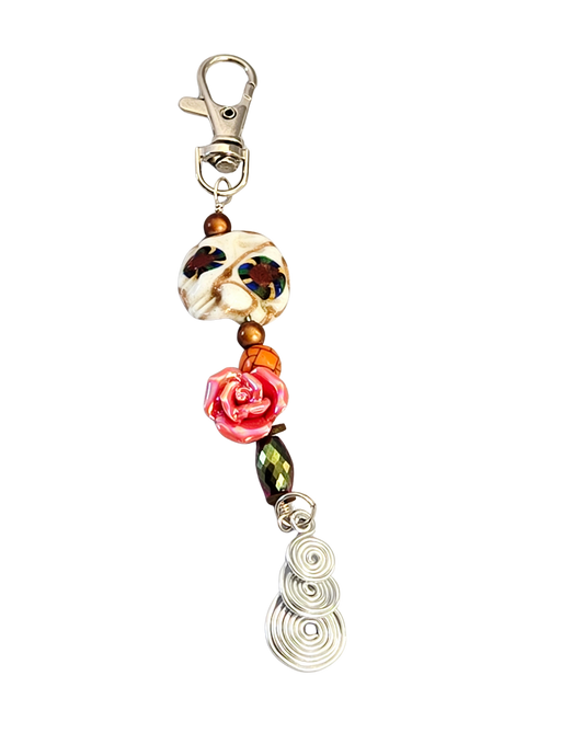 Pink Rose Purse Charm – Large Bead & Triple Wire Wrap Spiral