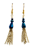 Dark Blue Sparkle Glass Bead & Gold Tassel Dangle Earrings – Boho Statement Earrings