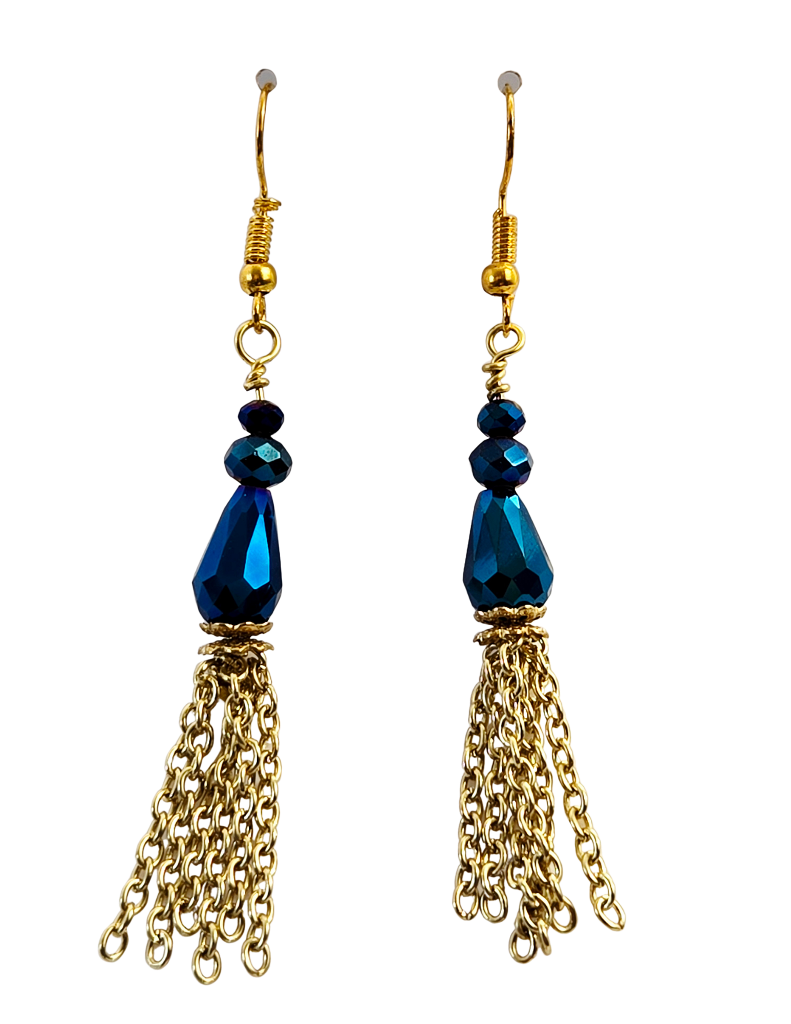 Dark Blue Sparkle Glass Bead & Gold Tassel Dangle Earrings – Boho Statement Earrings