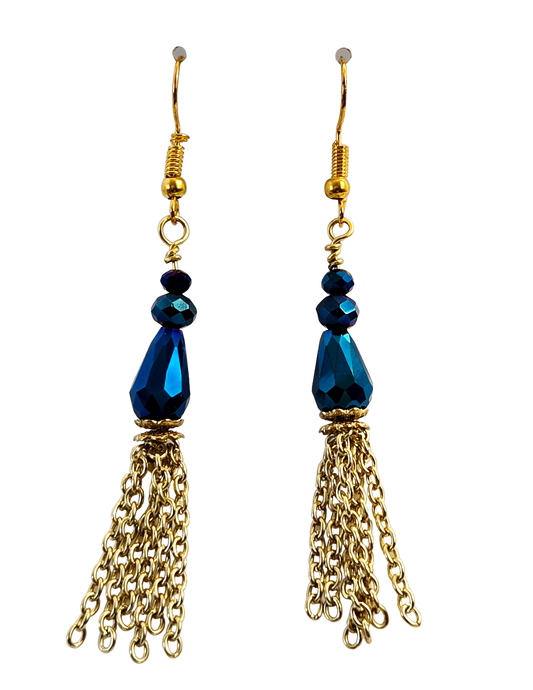 Pendientes colgantes con cuentas de cristal azul oscuro brillante y borla dorada – Pendientes llamativos bohemios