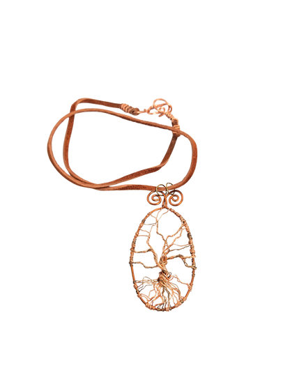 Collar Árbol de la Vida de Cobre con Alambre Envuelto – Cordón de Cuero de 18" Hecho a Mano