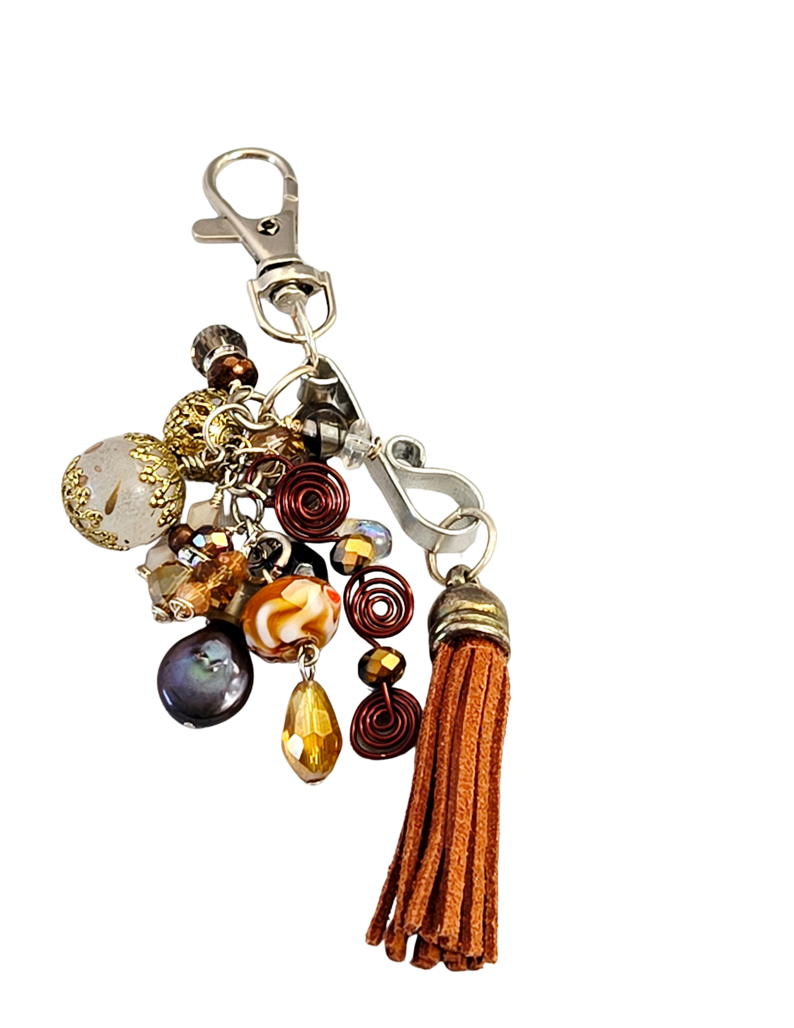 Boho Purse Charm – Leather Tassel, Wire Wrap & Mixed Beads