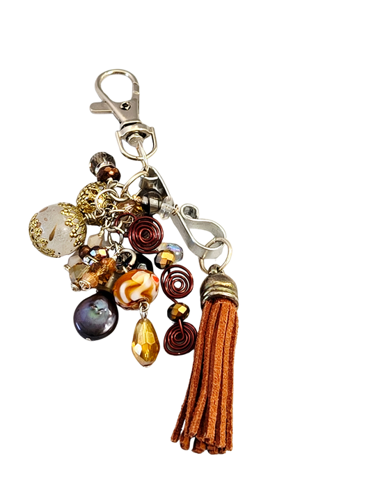 Boho Purse Charm – Leather Tassel, Wire Wrap & Mixed Beads