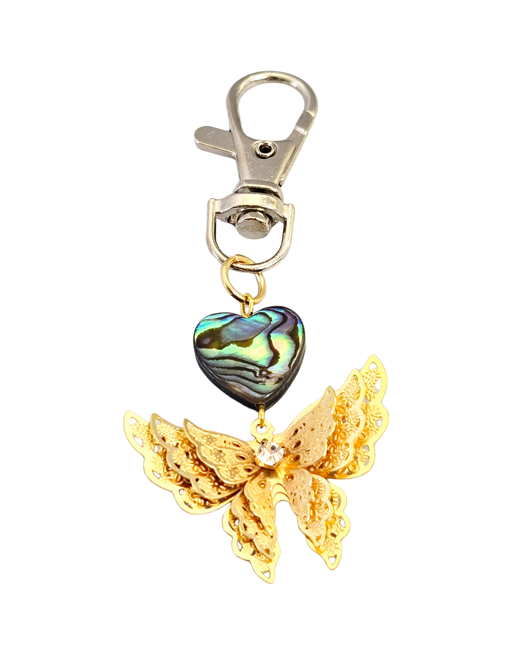 Butterfly Purse Charm – Abalone Heart & 3D Butterfly Bag Dangle