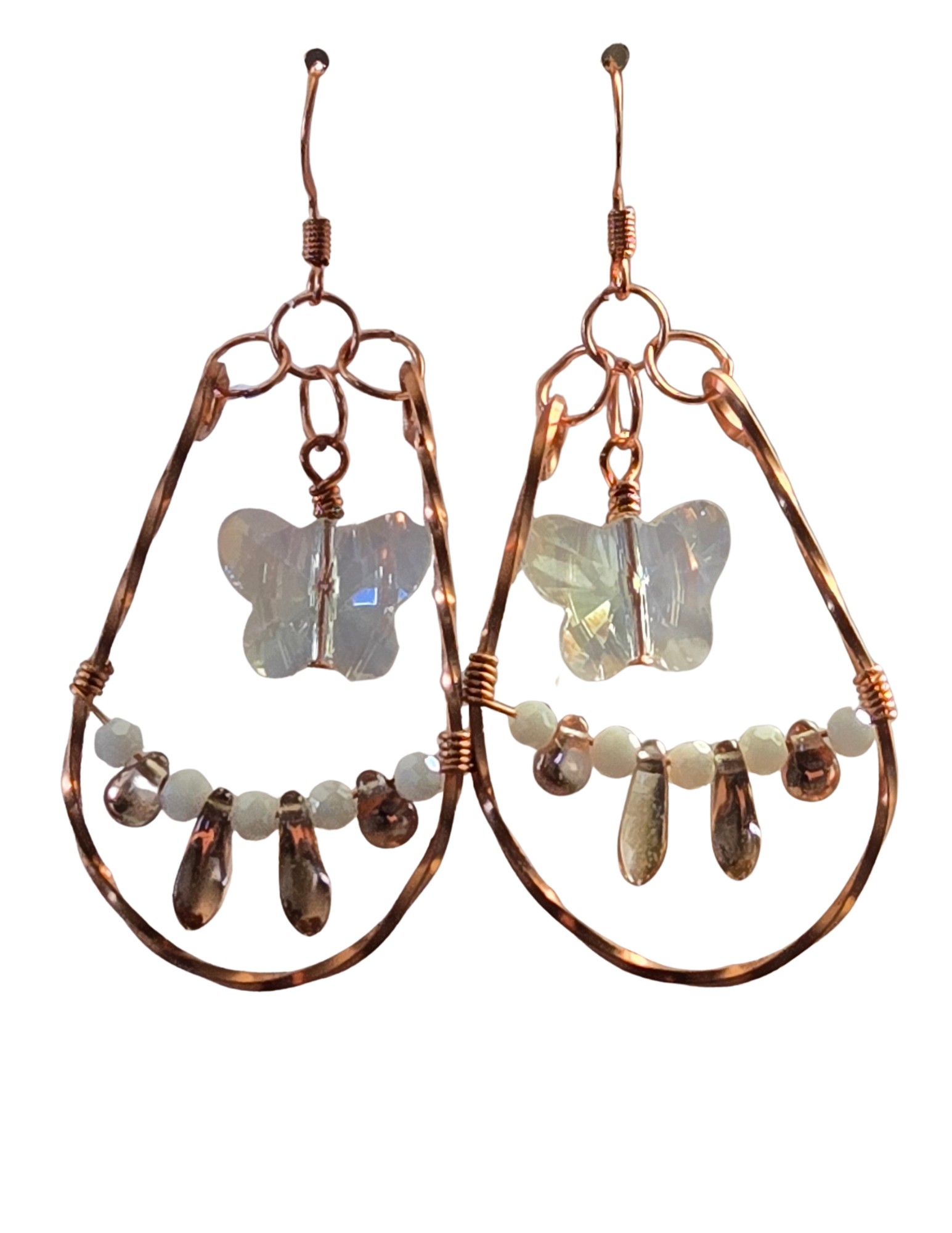 Crystal Butterfly & Dagger Bead Dangle Earrings – Handcrafted Copper Wire Drops