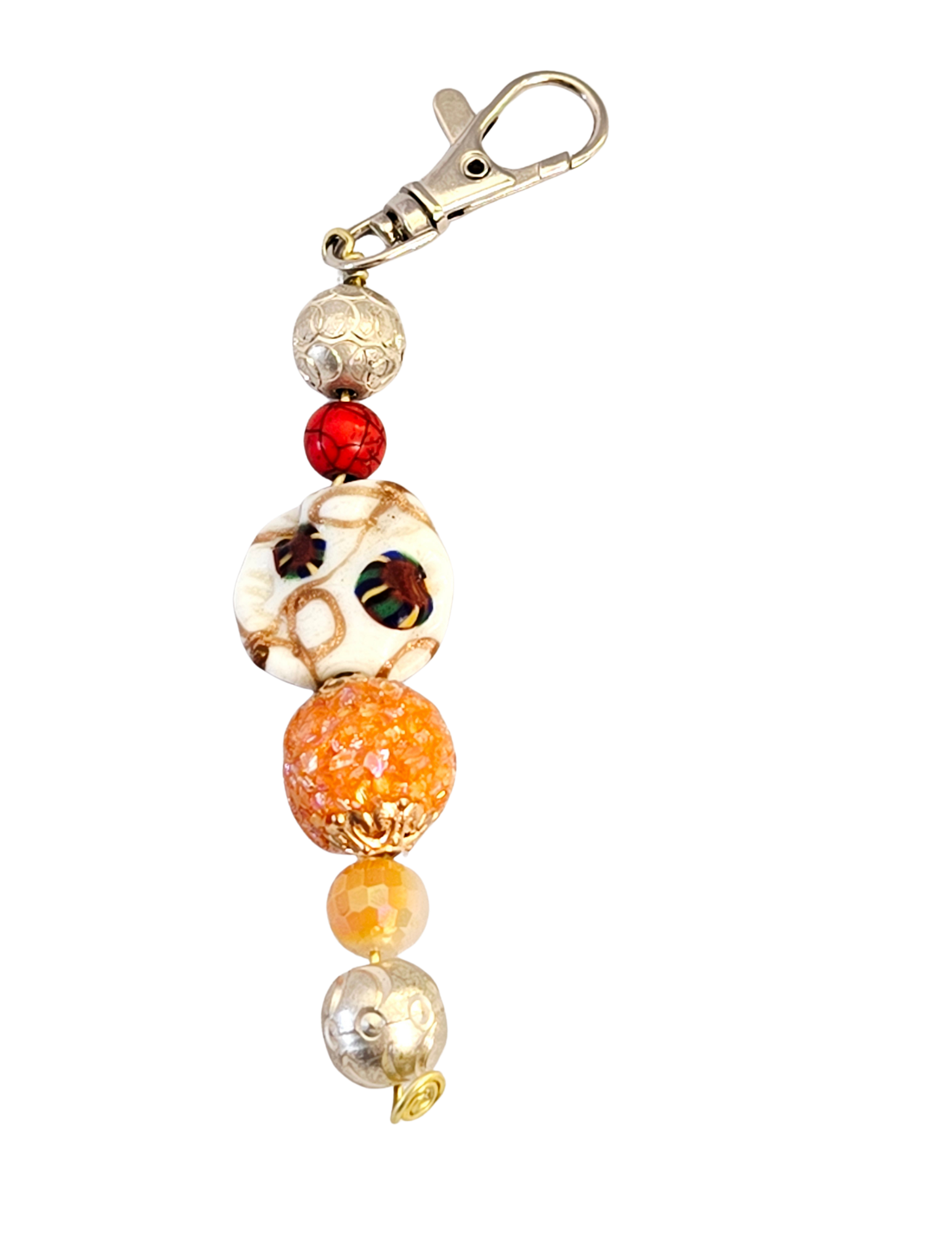 Boho Purse Dangle – Orange, Red Crackle & Metal Beads